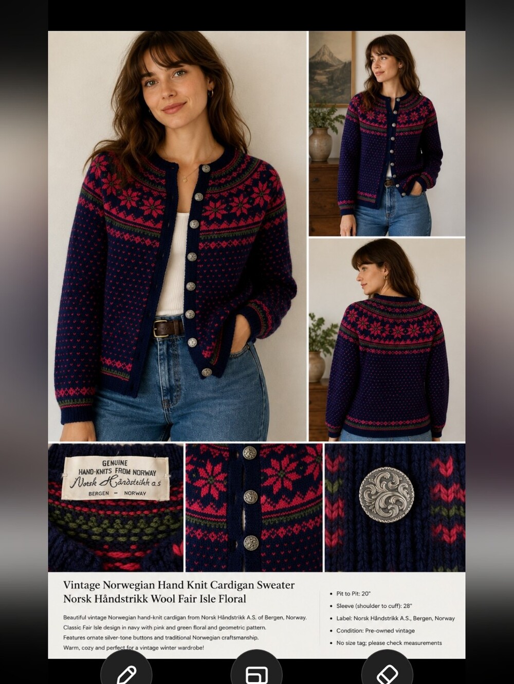 Vintage Norwegian Hand Knit Cardigan Sweater Norsk Handstrikk Wool Fair Isle